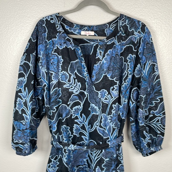 Parker Jenna Puff Sleeve cotton tiered tie waist mini dress dark floral large - Picture 4 of 9